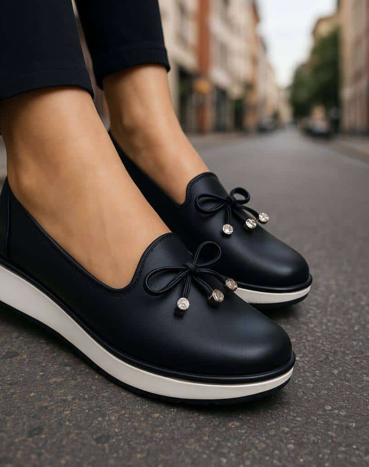 Bayan Günlük Ayakkabı - 8745 Siyah Deri Tam Ortopedik