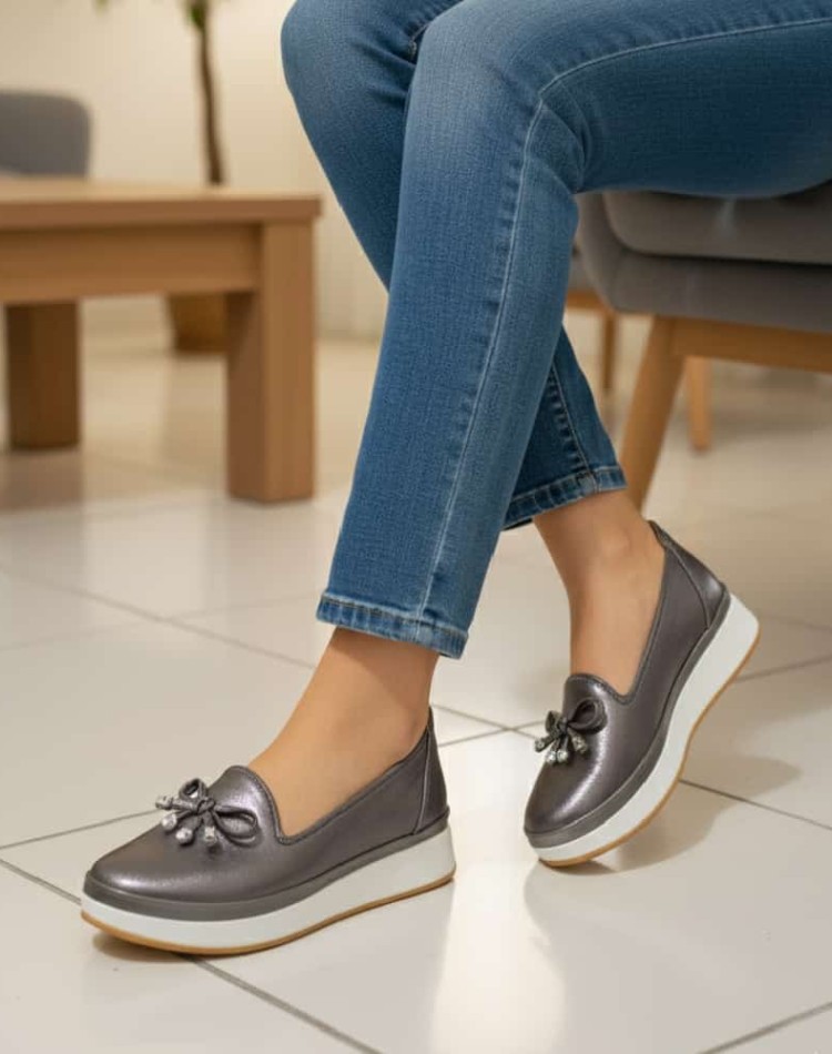 Bayan Günlük Ayakkabı - 0745 Gümüş  Deri Tam Ortopedik