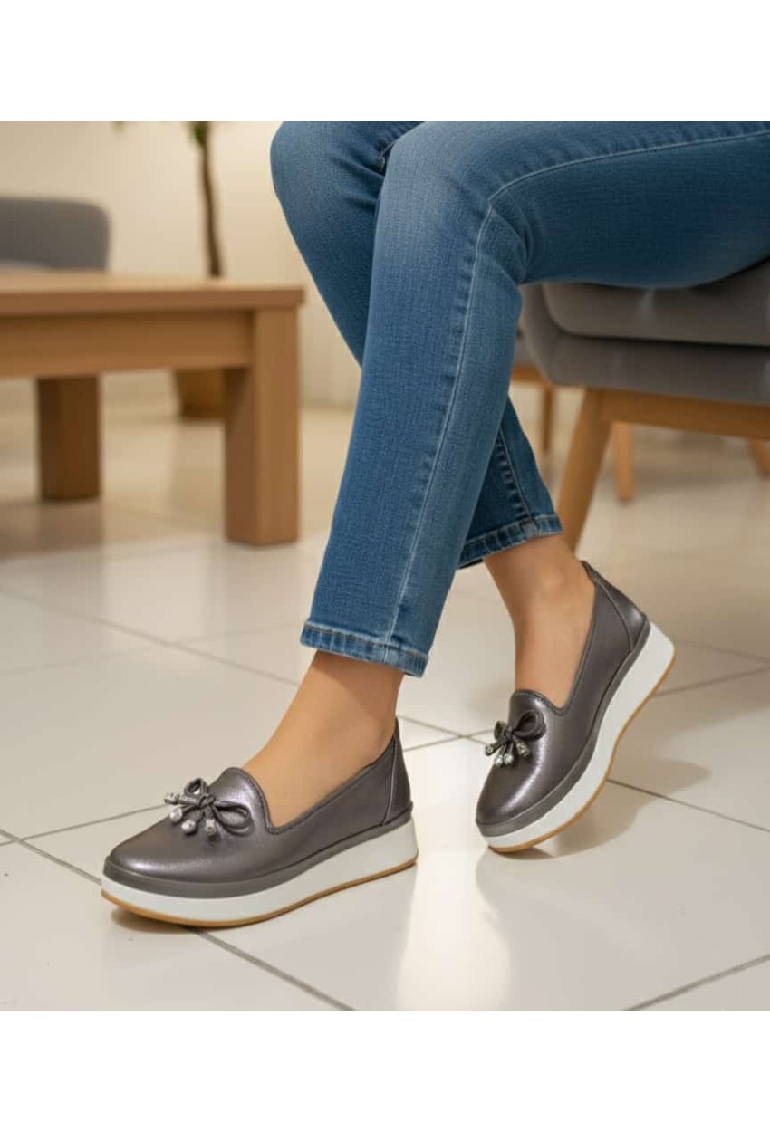 Bayan Günlük Ayakkabı - 0745 Gümüş  Deri Tam Ortopedik