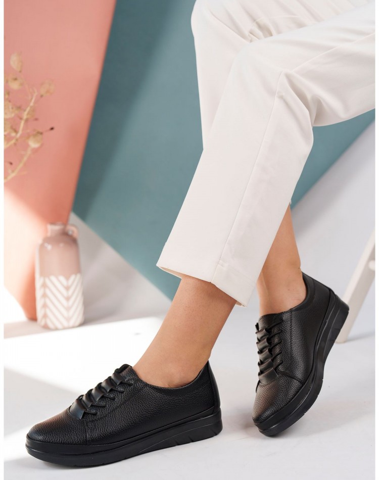 Doktor Tavsiyeli Ortopedik Ayakkabı Siyah Deri Lastik Bağcık