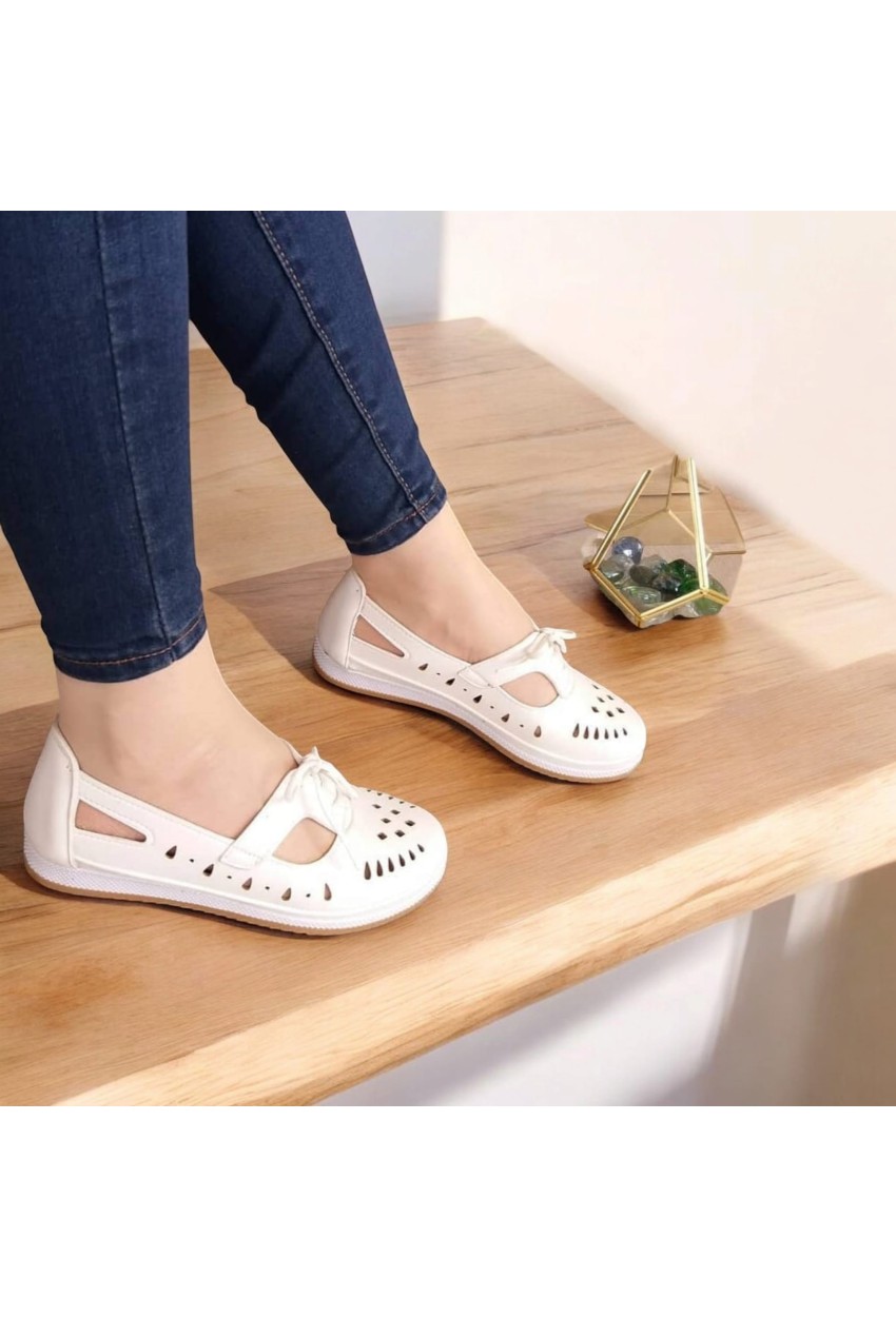 Bayan Deri Ayakkabı Ortopedik Taban Beyaz
